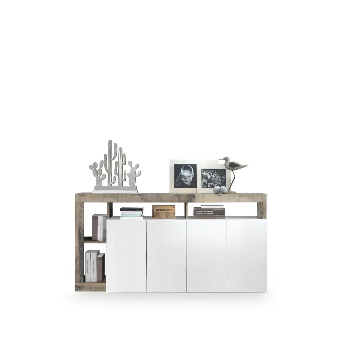 Buffet 4 portes HAMBURG décor chene et laqué blanc | 3 Suisses