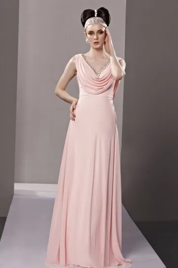 Elégante robe rose pastel encolure drapée & dos décolleté en U pour soirée mondaine