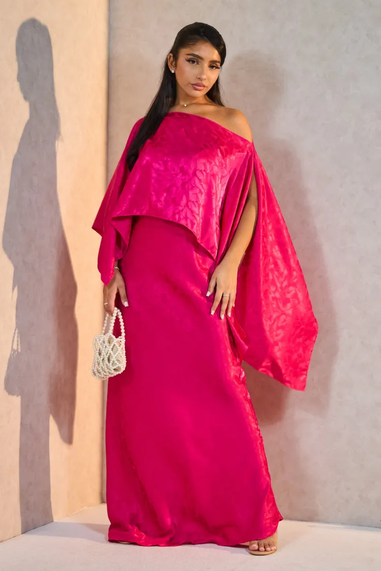 Ensemble 2 pièces robe + poncho satiné fuchsia