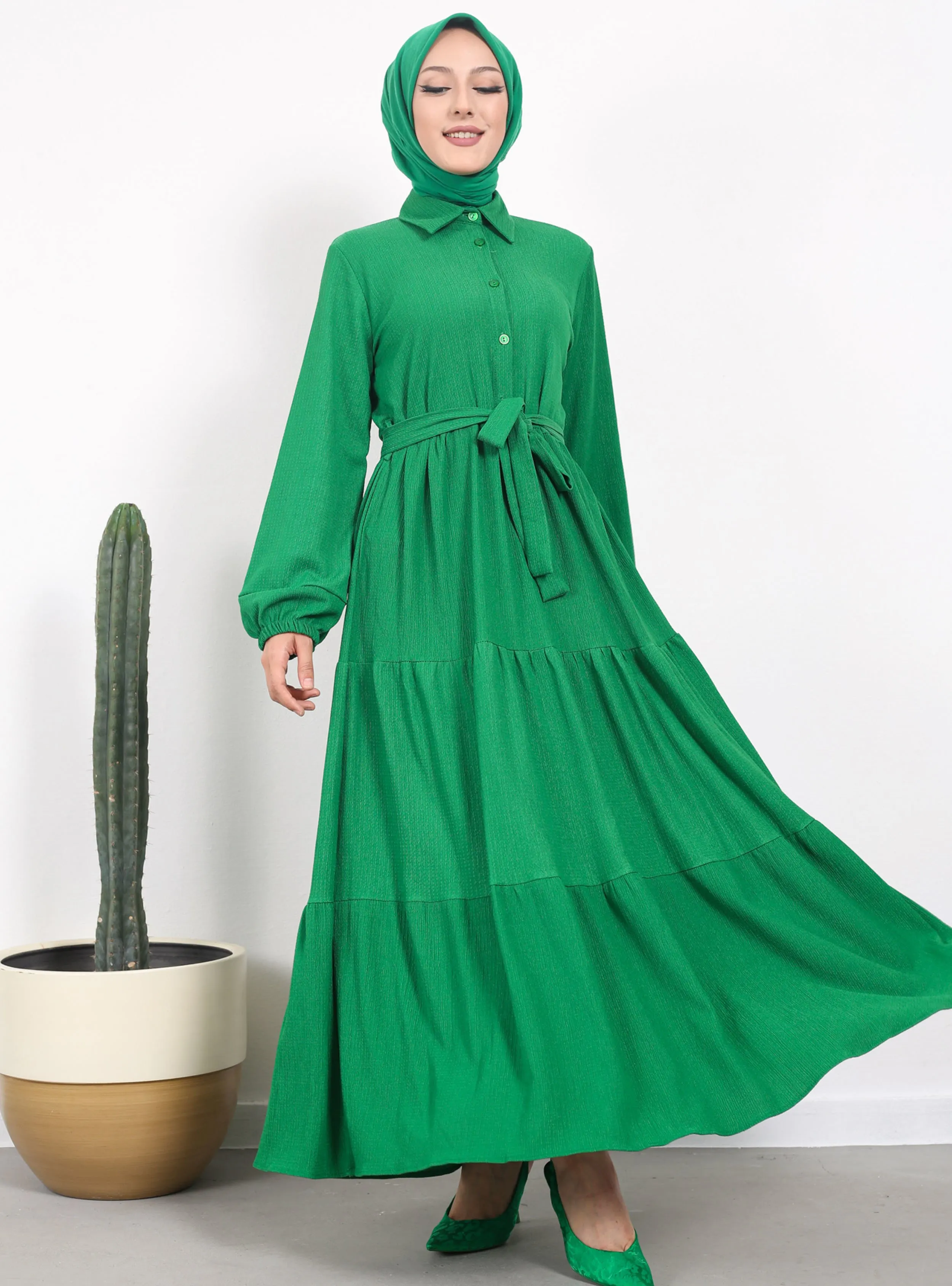Green - Cuban Collar - Modest Dress