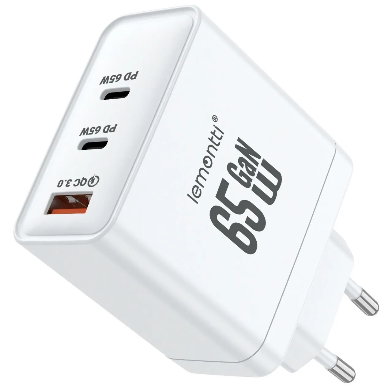 Lemontti Chargeur Réseau GaN 2x Type-C et 1x USB-A, 65W, Charge Rapide, Prise UE, Blanc