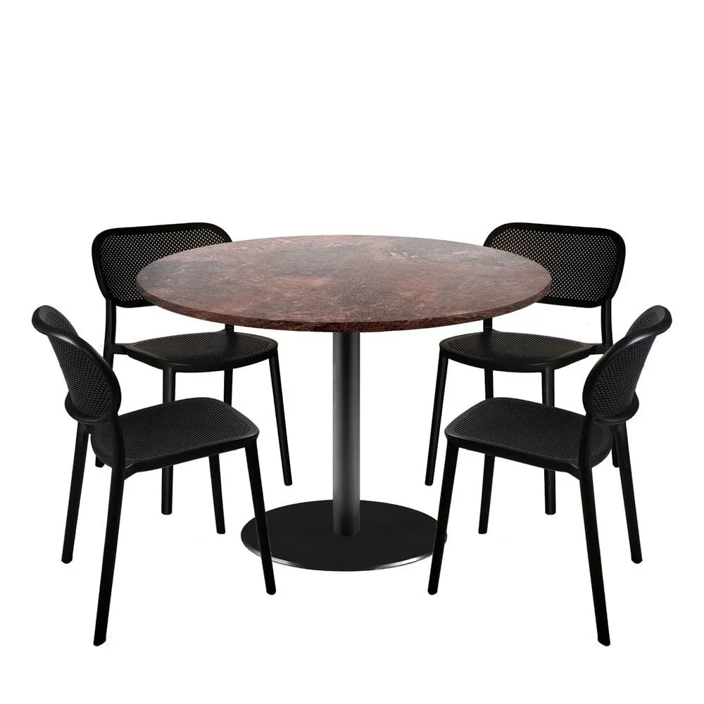 Lot de 1 table Ø120cm et 4 chaises pied noir plateau rouille roc