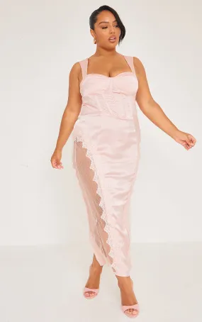 Plus Robe longue rose cendré à corset et parties en dentelle