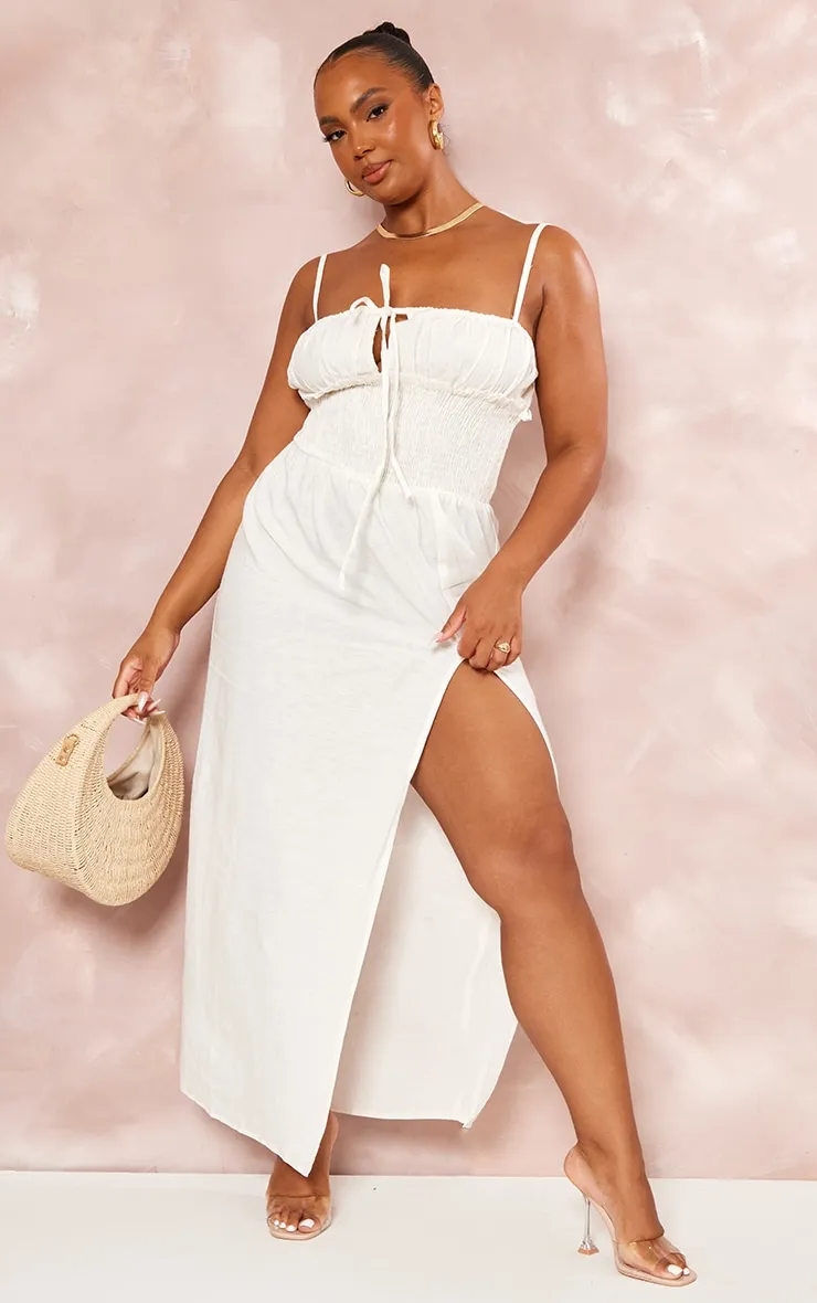 Plus Robe mi-longue effet lin crème froncée sur la taille
