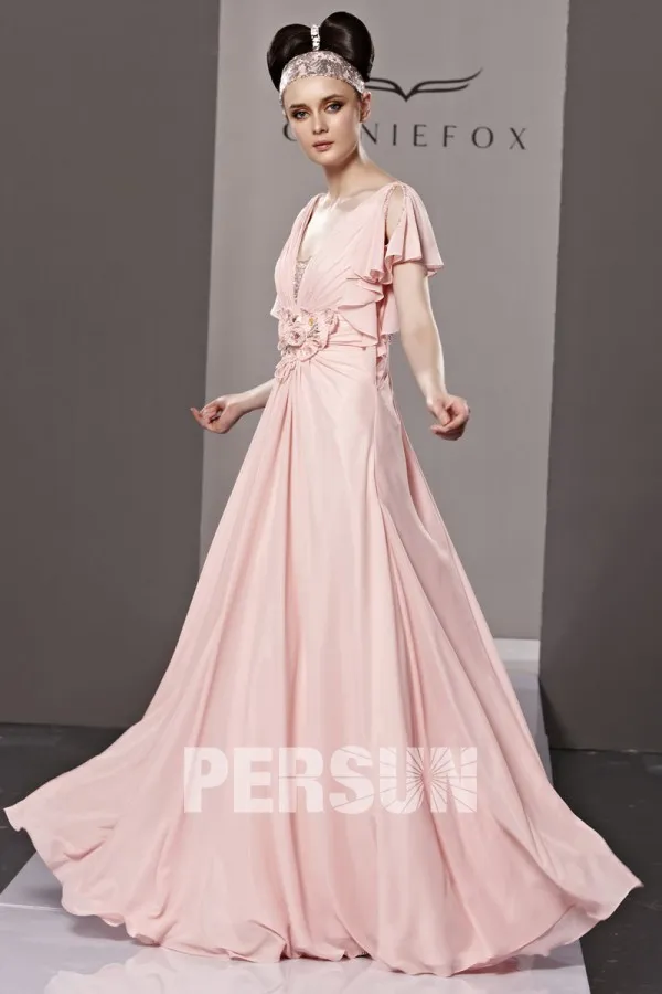 Robe de soirée rose pâle col v profond chic avec mancherons en mousseline