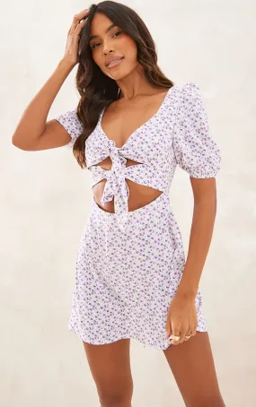 Robe droite lilas fleurie à manches courtes et devant noué