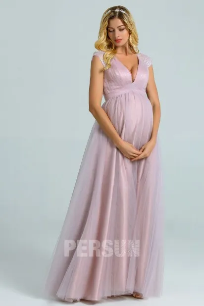 Robe longue empire parme pâle à dos transparent pour mariage