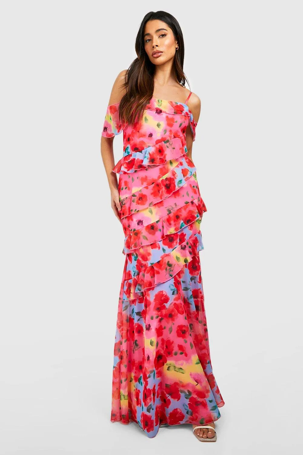 Robe longue fleurie à volants étagés