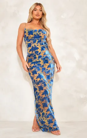 Robe longue fleurie bleue floquée à col bénitier et dos ouvert