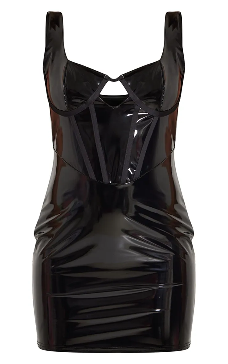 Robe moulante en vinyle noir à armatures et bonnets