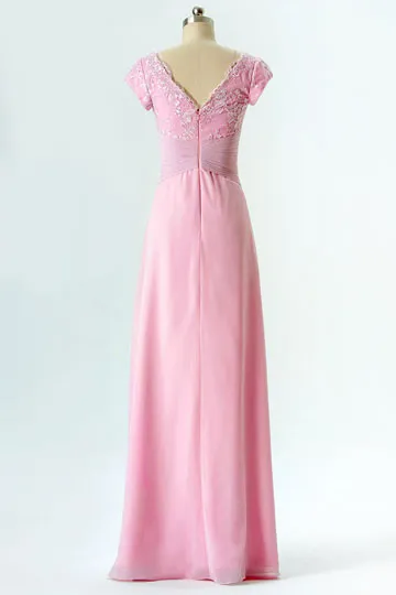 Robe rose vintage décolleté V bordée de fleurs à manche courte pour mariage