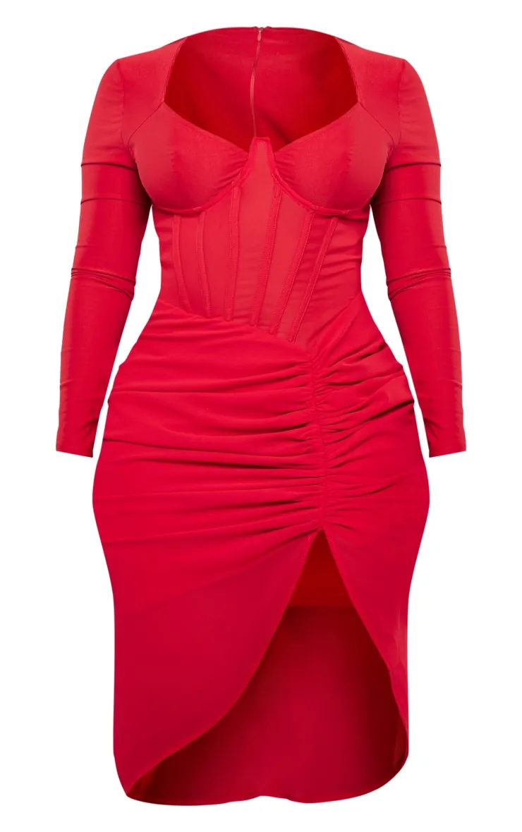 Shape Robe corset mi-longue rouge à manches longues et jupe froncée