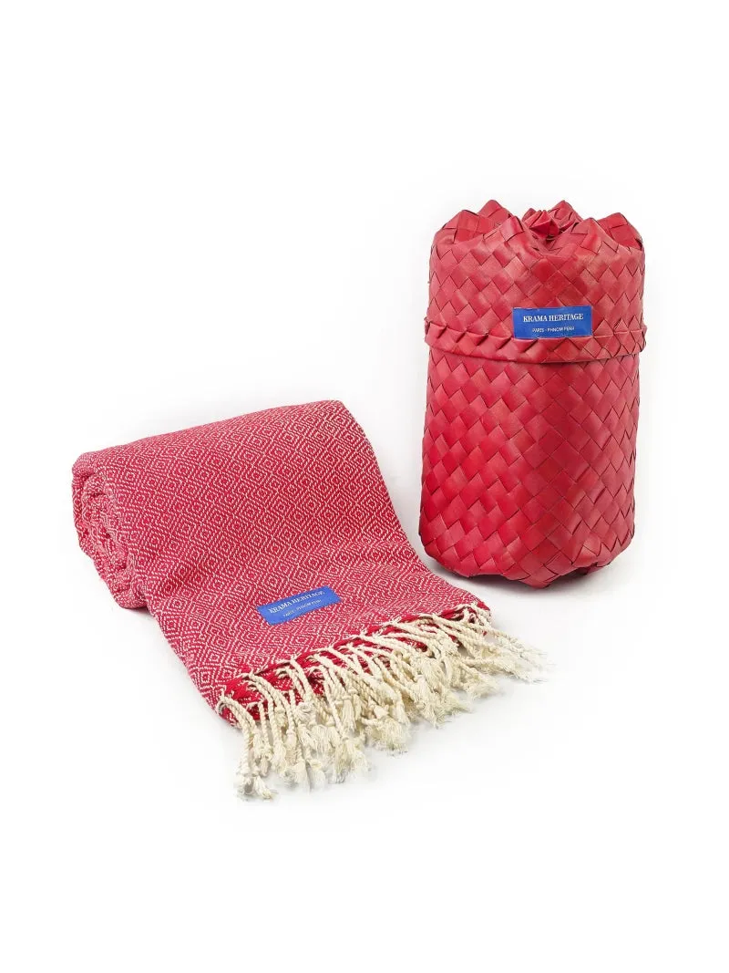 Très Grande écharpe en coton avec écrin en palmier tressé - Rouge Cerise